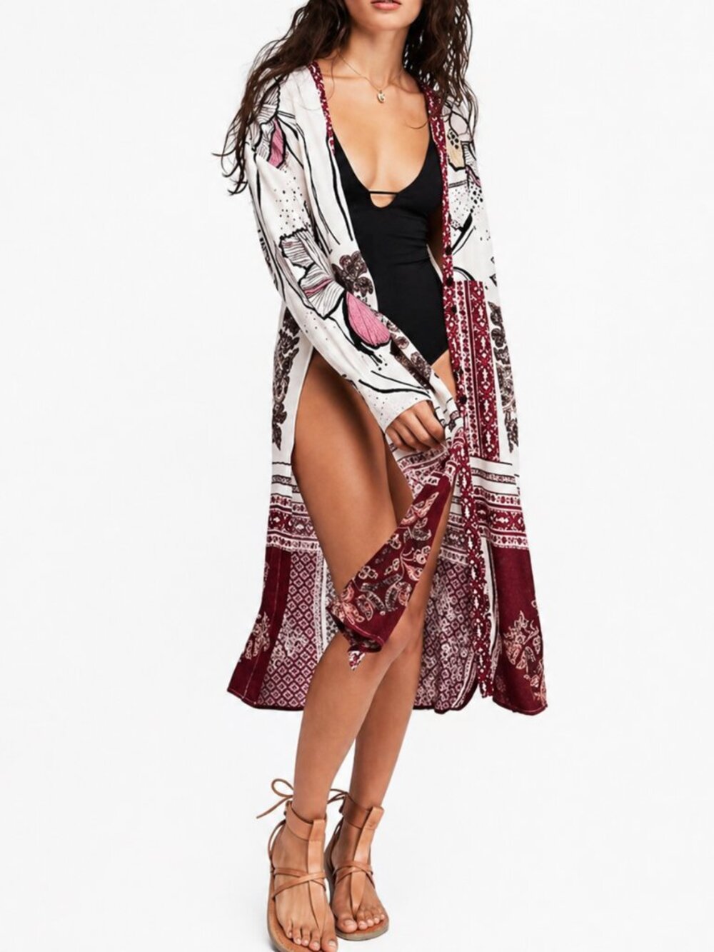 Free People Kimono Boho Maxi Top Beach Cover Up Oversized S Resort Floral Dress